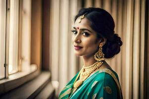 a beautiful indian bride in a green sari. AI-Generated photo