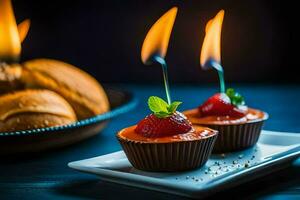 two small cupcakes with strawberries and candles on a plate. AI-Generated photo