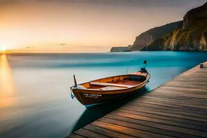 a boat sits on the dock at sunset. AI-Generated photo