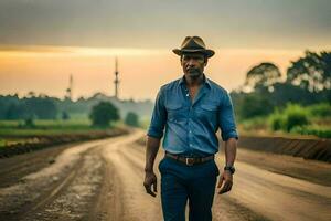 a man in a hat and blue shirt walking down a dirt road. AI-Generated photo