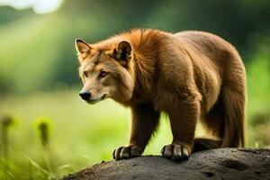 a brown wolf standing on a rock in the forest. AI-Generated photo