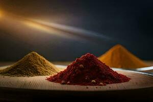 three different types of spices on a wooden plate. AI-Generated photo