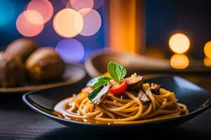 spaghetti with meat and vegetables in a black bowl. AI-Generated photo