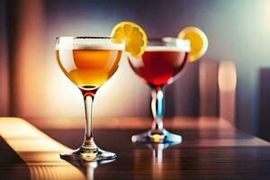 two glasses of alcohol with a slice of lemon. AI-Generated photo