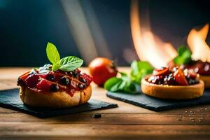 small bread with tomato and herbs on a table. AI-Generated photo