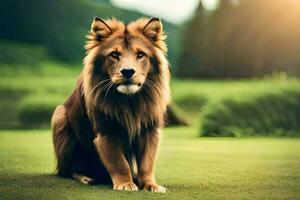 a lion sitting on the grass in the middle of a field. AI-Generated photo