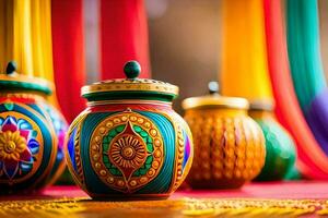 colorful pots on a table with colorful curtains. AI-Generated photo