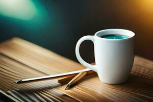 a cup of coffee and a pencil on a wooden table. AI-Generated photo