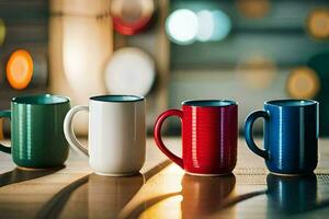 five colorful coffee mugs lined up on a table. AI-Generated photo