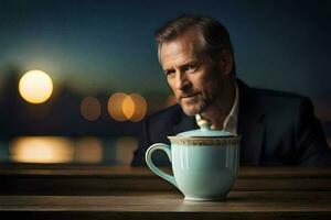 a man in a suit sits in front of a coffee cup. AI-Generated photo