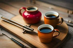 two coffee cups on a wooden cutting board. AI-Generated photo