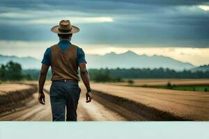 a man in a hat walking down a dirt road. AI-Generated photo