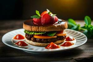 a hamburger with strawberry sauce and lettuce. AI-Generated photo