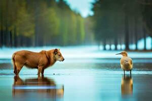 un león y un pájaro en pie en el agua. generado por ai foto