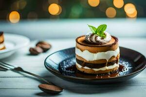 a dessert on a plate with a fork and spoon. AI-Generated photo
