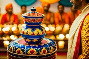 a man in an indian wedding outfit stands next to a colorful pot. AI-Generated photo