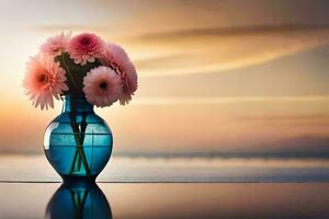 a vase with pink flowers sitting on a table in front of the ocean. AI-Generated photo