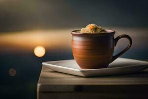 a cup of coffee on a wooden table with a sunset in the background. AI-Generated photo