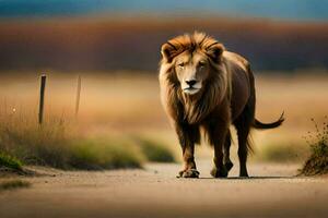 un león caminando abajo un la carretera en el medio de un campo. generado por ai foto