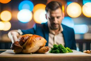 a man is preparing a roast chicken on a cutting board. AI-Generated photo