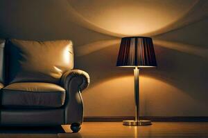 a couch and lamp in a dark room. AI-Generated photo