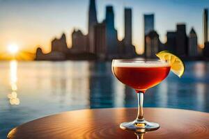 a cocktail on a table in front of a city skyline. AI-Generated photo