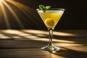 a cocktail with lemon and mint on a wooden table. AI-Generated photo