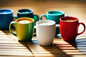 five colorful coffee cups sit on a wooden table. AI-Generated photo