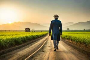 a man in a blue suit walks down a dirt road. AI-Generated photo