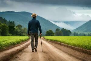 a man walking on a dirt road with cane. AI-Generated photo