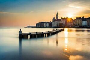 the sun is setting over a pier in the water. AI-Generated photo