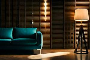 a blue couch and lamp in front of a wall. AI-Generated photo
