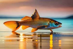 a fish is standing on the water at sunset. AI-Generated photo