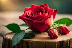 a red rose is sitting on top of a wooden stump. AI-Generated photo