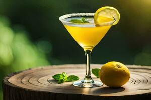 a cocktail with lemon and mint on a wooden table. AI-Generated photo