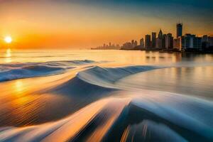 the city skyline is seen in the background as waves crash into the beach. AI-Generated photo