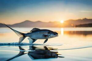 un pescado es saltando fuera de el agua a puesta de sol. generado por ai foto