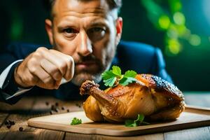 a man in a suit is holding a chicken on a cutting board. AI-Generated photo