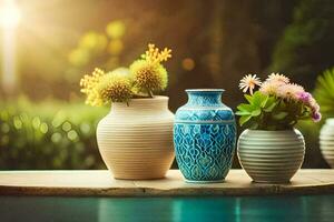three vases with flowers sitting on a table. AI-Generated photo