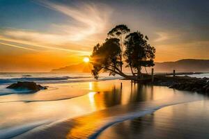 the sun sets over the ocean and a lone tree. AI-Generated photo