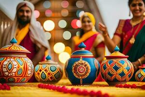 a group of people in indian clothing are sitting around a table with colorful pots. AI-Generated photo