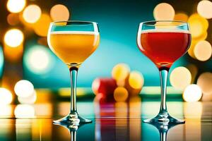 two glasses of wine on a table with a blurred background. AI-Generated photo