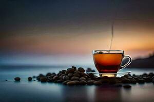 un taza de té en el playa con frijoles y un puesta de sol. generado por ai foto