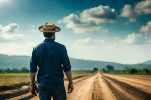 a man in a cowboy hat walks down a dirt road. AI-Generated photo