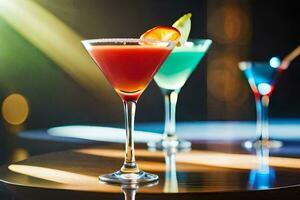 three colorful cocktails sit on a table. AI-Generated photo