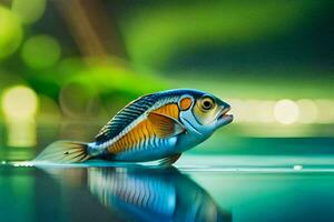 a fish is floating in the water with a green background. AI-Generated photo