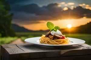 spaghetti with meat and vegetables on a plate. AI-Generated photo