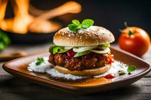 un hamburguesa con tomate salsa y lechuga en un lámina. generado por ai foto