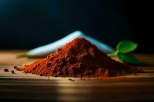 a pile of red chili powder on a wooden table. AI-Generated photo