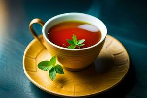 a cup of tea with mint leaves on a saucer. AI-Generated photo